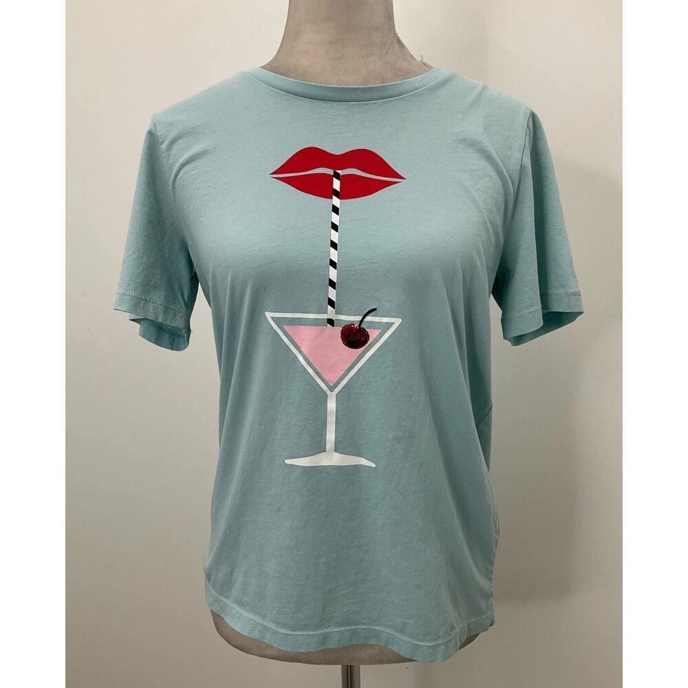 Kate Spade Light Blue Cocktail Hour Graphic Crewneck T-Shirt Sz. S